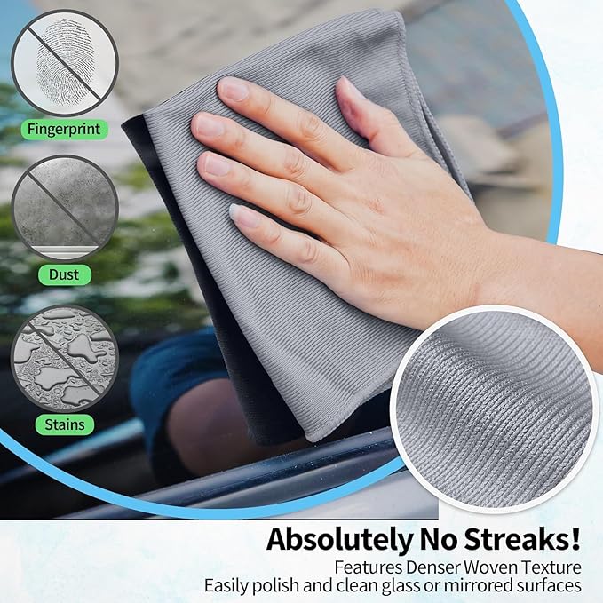 Microfiber Cleaning Cloth - 6 Pack Glasses Cleaning Cloth, 16" x 14" Window Cleaning Rags, Streak Free Lint Free Polishing Cloths Wipes for Eye Glass, Stainless Steel, Windshield, Grey