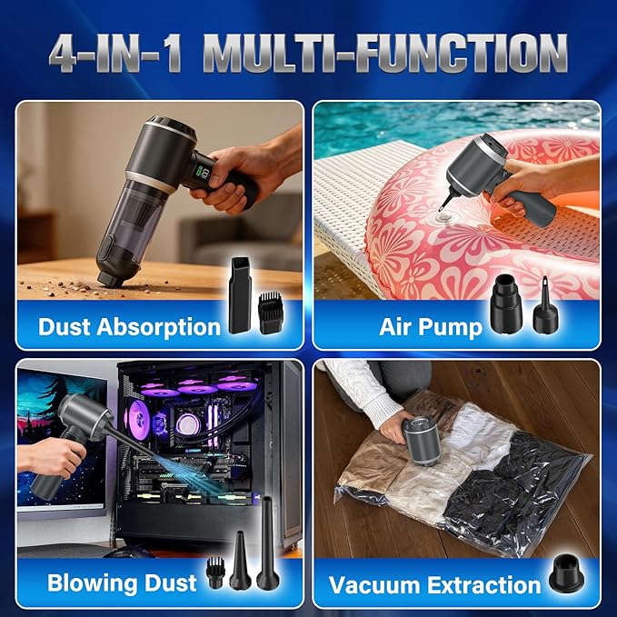 4-in-1 Handheld Vacuum Cordless&Air Duster, 28000pa Suction Power Car Vacuum Portable Cordless, Mini Vacuum with Digital Display and One-Click Dust Emptying for Car Home Office Kitchen Pet Hair(Gray)