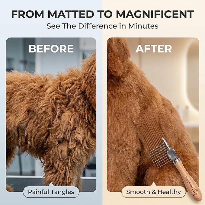 We Love Doodles Dog Dematting Brush & Rake, Detangler Brush for Dogs, Comb Tool for Grooming, Best for Doodles, Poodles, Goldendoodles, Cats & Other Pets, Matted Fur Removal On Undercoat, Small