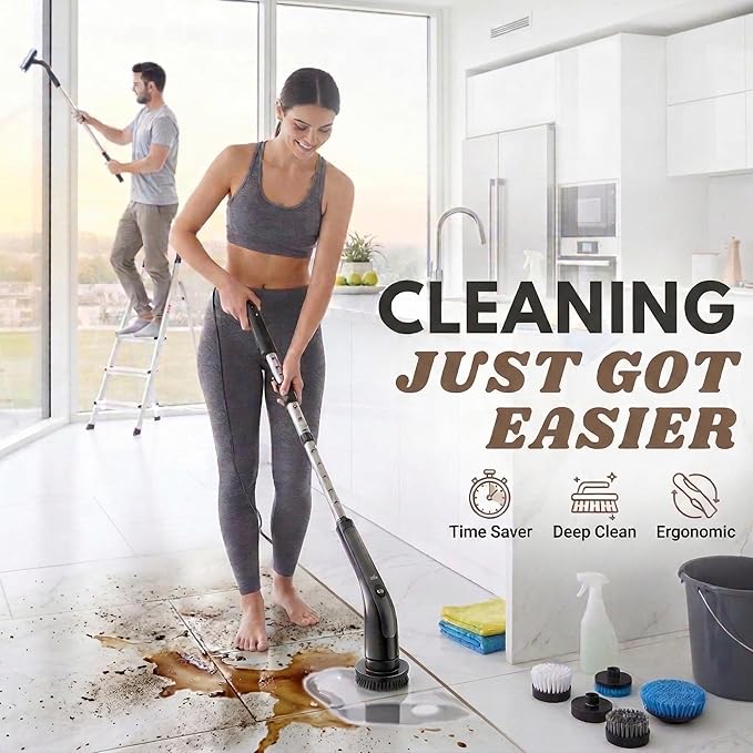 LIVINGPRO Electric Spin Scrubber for Bathroom Cleaning, Cordless Power Scrubber with 70W Dual Speed Motor, LCD Display, IPX7 Waterproof, Adjustable Handle, 7 Brush Heads for Tub Tile Shower Kitchen