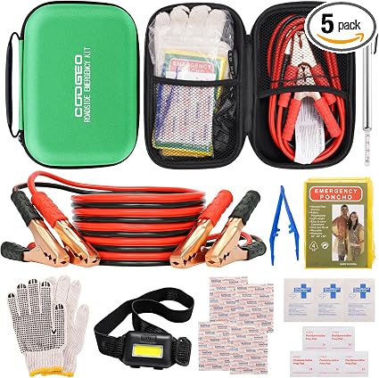 Car Roadside Emergency Kit with Battery Jumper Cables, Green