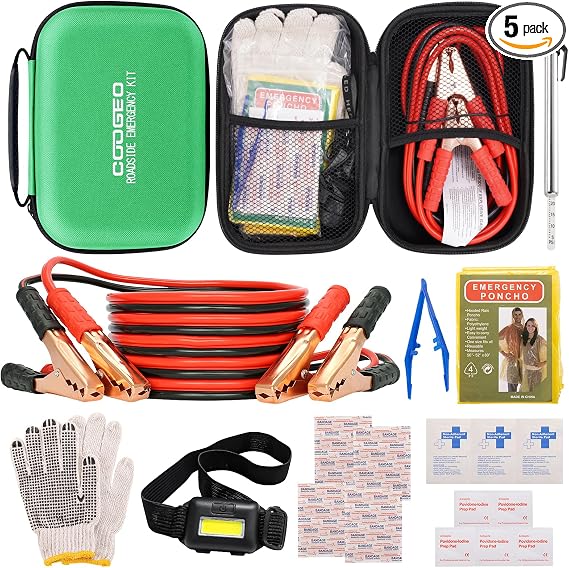 Car Roadside Emergency Kit with Battery Jumper Cables, Green