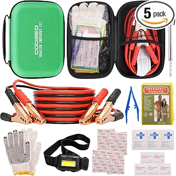 Car Roadside Emergency Kit with Battery Jumper Cables, Green