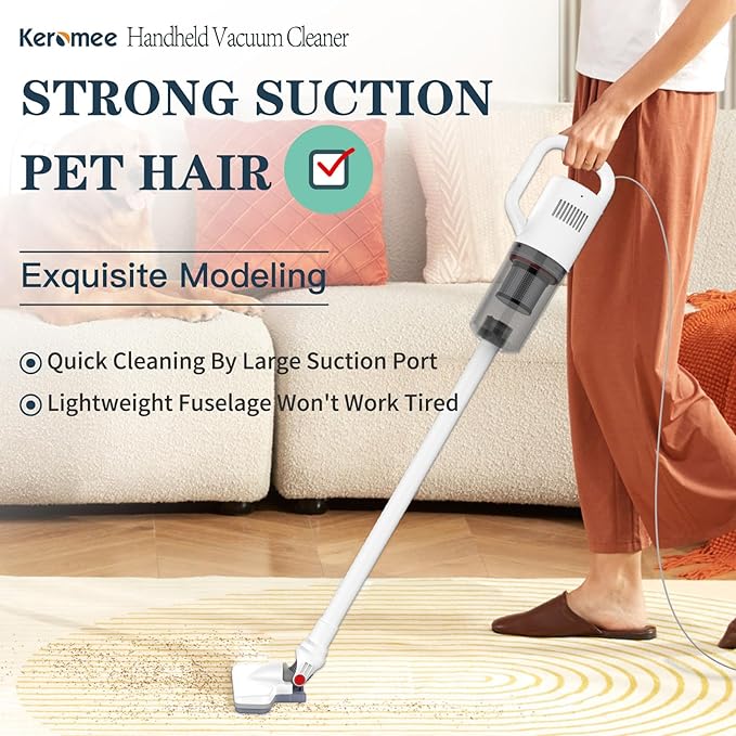 KEROMEE Stick Vacuum Cleaner, Corded Handheld Vacuum Cleaner Mini Electric Broom for Pet Hair Hardwood Floor Cat Litter Carpet Cleaning (16ft-Cord)