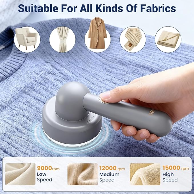 DBC Fabric Shaver & Lint Remover for Clothes, Sweaters & Furniture - 6-Leaf Blade, 3 Speeds, 2H Runtime, Portable Design Perfect for Travel, Includes 2 Extra Blades - Grey
