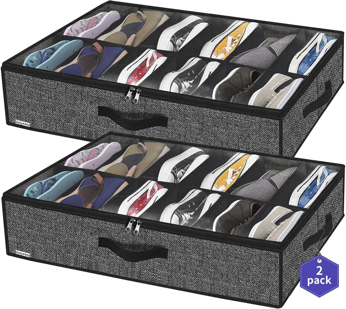 Sturdy Under Bed Shoe Storage Organizer, Set of 2, Fit 12 to 24 Pairs, Underbed Shoes Closet Storage Solution with Clear Window, Breathable, L29.3 x W23.6 x H5.9, Linen-like Black, MXAUBSB2P