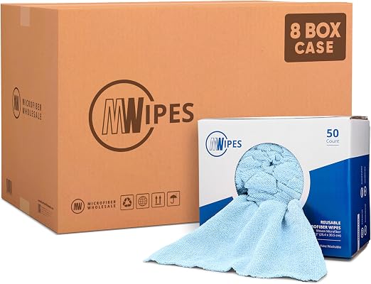 Blue Microfiber Shop Towels | MWipes Reusable Shop Rags | 50 Rags in a Box (400 Count) | Super Absorbent, Machine Washab