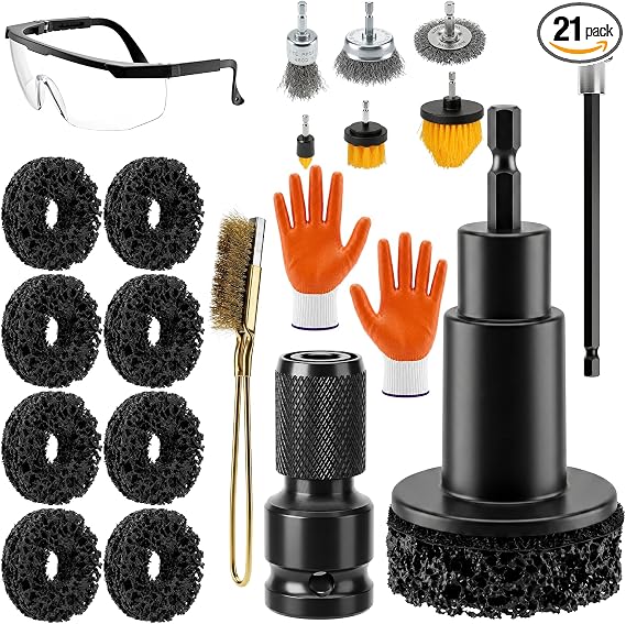 Wheel Hub Cleaning Tool Kit, 21 PCS Wheel Stud Rust Remover Tool with Goggles & Gloves, Surface Cleaning Pad Fits 1/2" I
