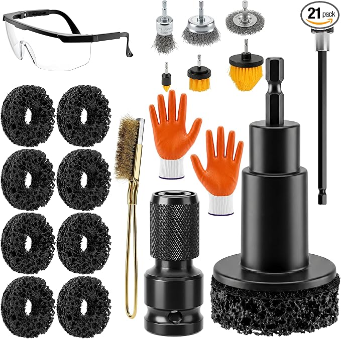 Wheel Hub Cleaning Tool Kit, 21 PCS Wheel Stud Rust Remover Tool with Goggles & Gloves, Surface Cleaning Pad Fits 1/2" I