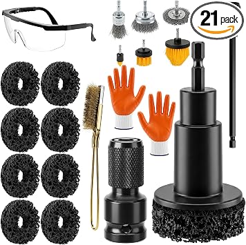 Wheel Hub Cleaning Tool Kit, 21 PCS Wheel Stud Rust Remover Tool with Goggles & Gloves, Surface Cleaning Pad Fits 1/2" I