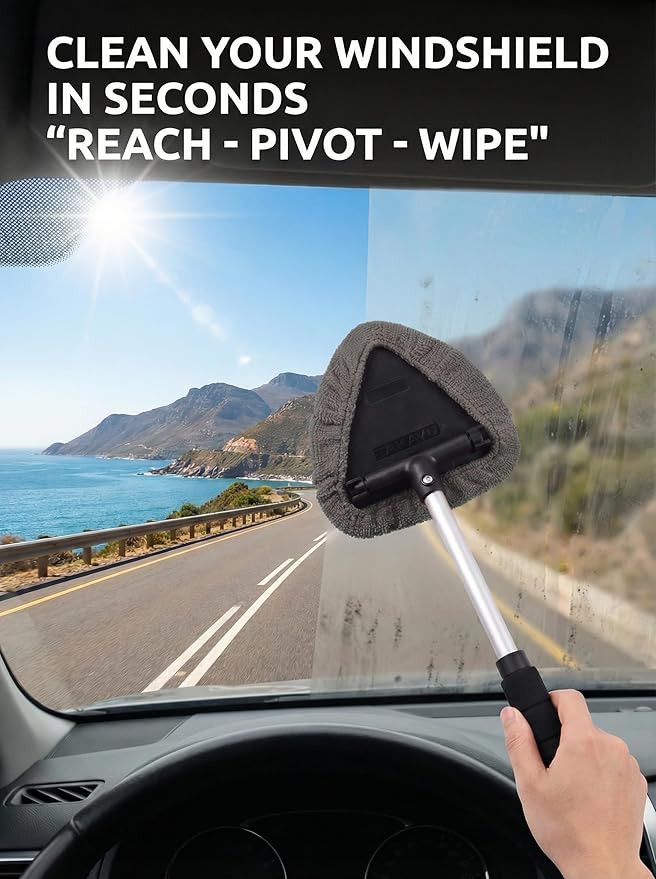TAKAVU Car Window Cleaning Tool, Windshield Wiper Cleaner with Extendable Long-Reach Handle, 3 Washable Reusable Microfiber Bonnets, Car & Home Inside Interior Exterior Use - Lint Free (Grey)