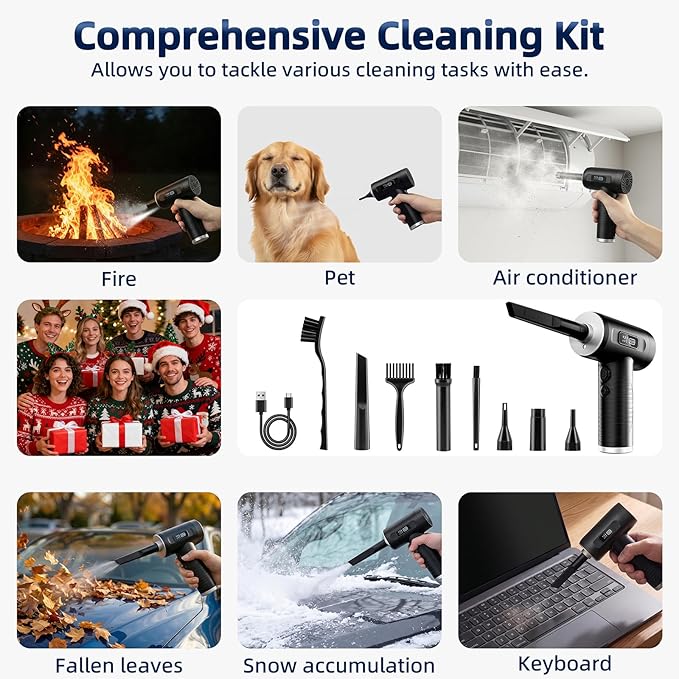 Compressed Air Duster, 100000RPM Super Power Electric Air Duster with LED Light, 3-Gear Adjustable Rechargeable Cordless Air Blower for Keyboard Car House Electric Devices Cleaning Outdoor