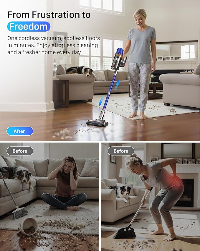 Cordless Vacuum Cleaner for Home - Powerful Stick Vacuum with HEPA Filter, 55-Min Runtime, LED Light, Anti-Tangle Brush, Detachable Battery,Lightweight Vacuum for Pet Hair,Carpets & Hard Floors