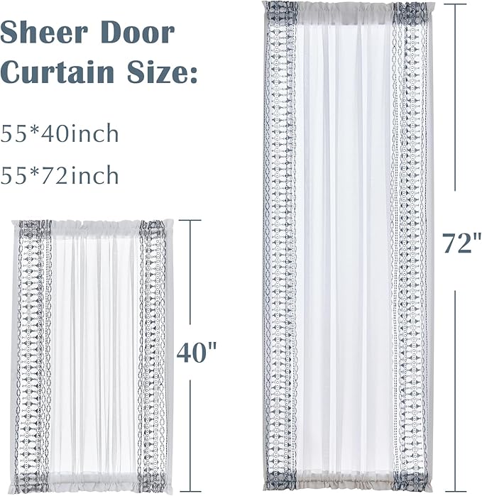 jinchan French Door Curtain Privacy Boho Embroidered Semi Sheer Voile Front Curtain for Window Doorway Closet, Door Panel with Tieback Rod Pocket 1 Panel (Blue on White, 55W x 40L Inch)