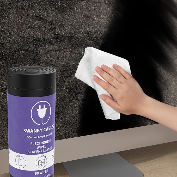 Swanky Cables Electronic Cleaning Wipes - Computer, TV, Monitor, Phone, Laptop, Tablet, Keyboard, Camera & Lens Cleaner, Portable Tech Screen Cleaner - With Microfiber Cloth - Canister, 150 Count