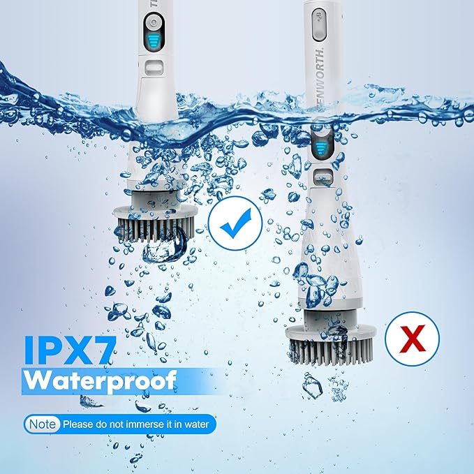 Electric Spin Scrubber, Cordless Cleaning Brush with Long Handle & 8 Brush Heads IPX7 Waterproof Bathroom Scrubber for Tub Grout Tile Floor, TBL03