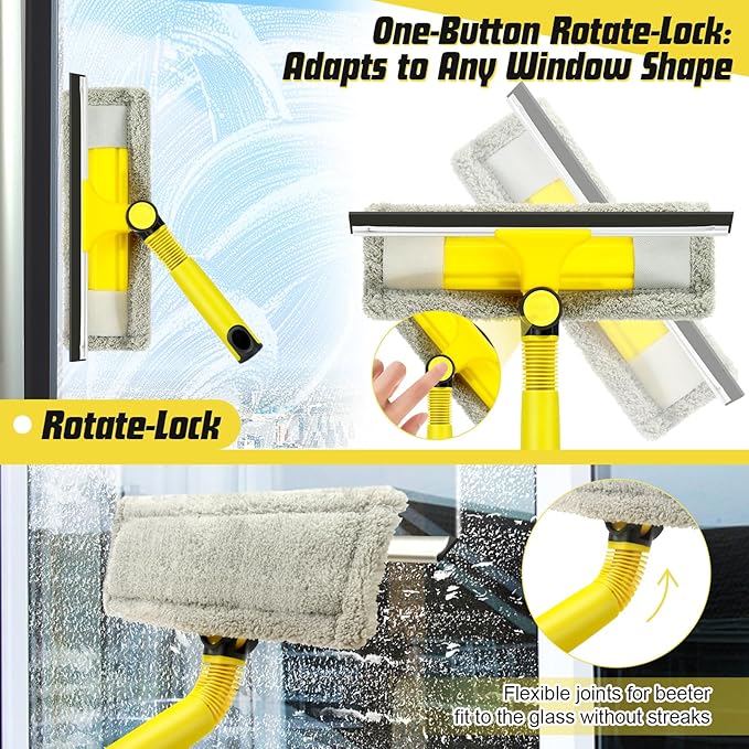 Window Squeegee with Extension Pole for Home, Professional Squeegee for Window Cleaning Tool Kit with Scrubber, 2 in 1 Rotatable Window Washing Kit for Car Glass Shower Indoor & Outdoor High Windows