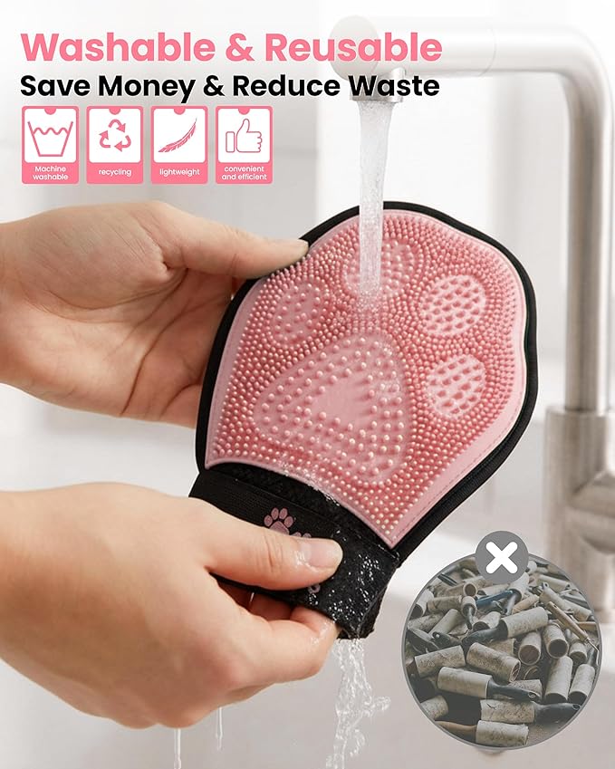 Pet Hair Removal Glove for Dogs & Cats, 2-in-1 Double-Sided Pet Grooming Tool, Electrostatic Pet Hair Remover Glove for Clothes & Furniture + Silicone Brush for Deshedding Pets,Pink