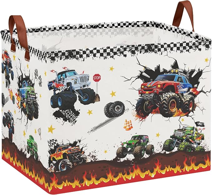 Monster Trucks Storage Basket,Collapsible Car Room Decor for Boys ,Waterproof Kids Laundry Hamper, Monster Trucks Baby S