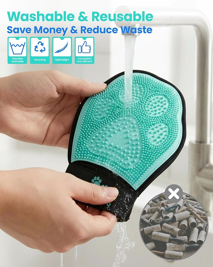 Pet Hair Removal Glove for Dogs & Cats, 2-in-1 Double-Sided Pet Grooming Tool, Electrostatic Pet Hair Remover Glove for Clothes & Furniture + Silicone Brush for Deshedding Pets