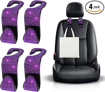 Ohleats 4 PCS Bling Car Seat Headrest Hooks, Crystal Rhinestone Back Seat Hanging Storage Organizer, Vehicle Seat Hanger