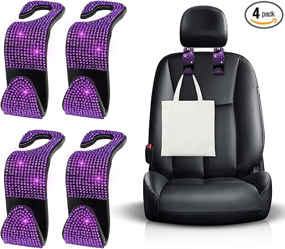 Ohleats 4 PCS Bling Car Seat Headrest Hooks, Crystal Rhinestone Back Seat Hanging Storage Organizer, Vehicle Seat Hanger