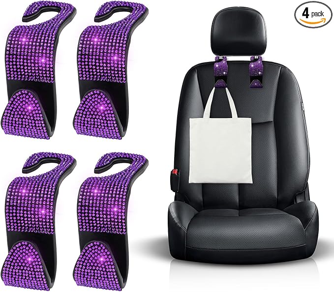 Ohleats 4 PCS Bling Car Seat Headrest Hooks, Crystal Rhinestone Back Seat Hanging Storage Organizer, Vehicle Seat Hanger