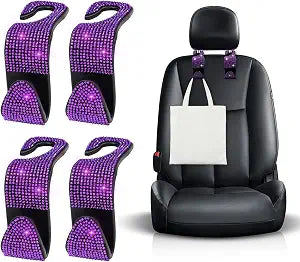 Ohleats 4 PCS Bling Car Seat Headrest Hooks, Crystal Rhinestone Back Seat Hanging Storage Organizer, Vehicle Seat Hanger