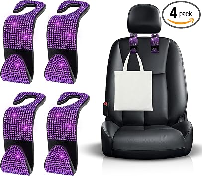 Ohleats 4 PCS Bling Car Seat Headrest Hooks, Crystal Rhinestone Back Seat Hanging Storage Organizer, Vehicle Seat Hanger