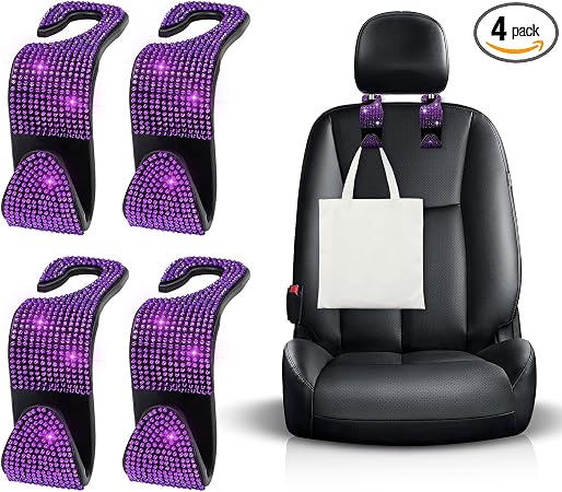 Ohleats 4 PCS Bling Car Seat Headrest Hooks, Crystal Rhinestone Back Seat Hanging Storage Organizer, Vehicle Seat Hanger