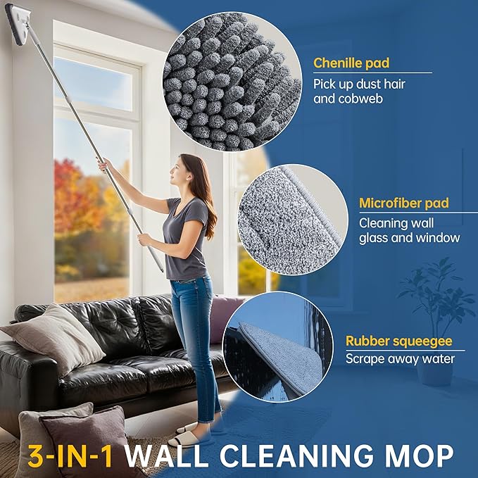 Wall Cleaner Mop with Long Handle, Wall Duster with Extension Pole, Dust Mop with 6 Reusable Pads, 3-in-1 Wall Cleaner for Wall, Ceiling, Window, Baseboard, Floors