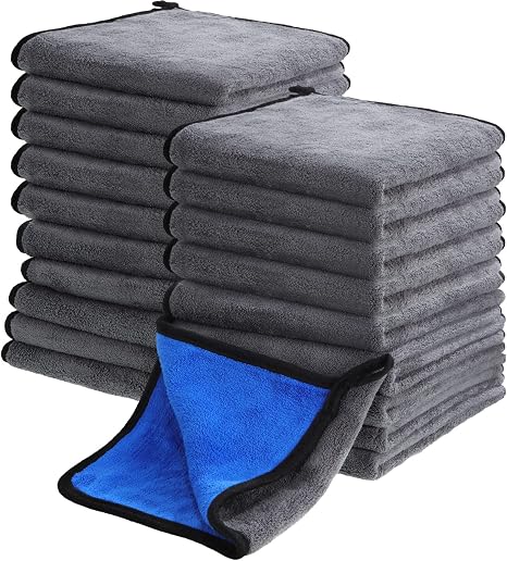 20 Pcs Microfiber Car Drying Towels 800 Gsm Thick Plush, Grey and Blue