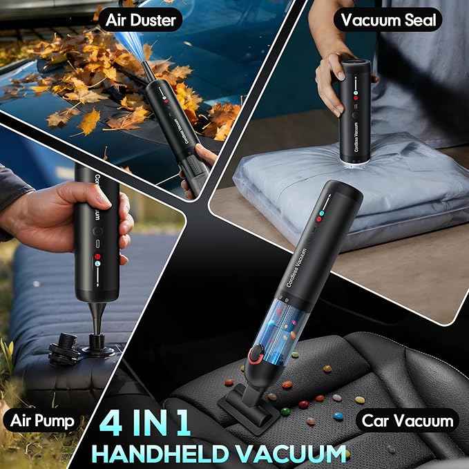 Handheld Car Vacuum Portable Cordless, Hand held Vacuum Cleaner with 21000 Pa Suction Power Mini Air Duster Vacuum for Car Cleaning, Home, Office, Pet Hair | Multi-Nozzle, Washable Filter