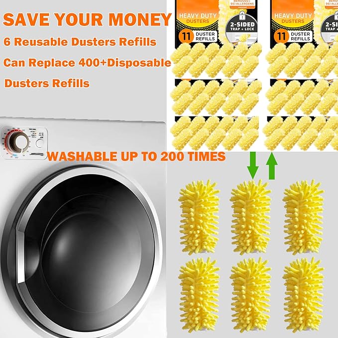 Reusable Duster for Swiffer, 360 Heavy Duty Duster Refill Compatible with Swiffer Hand Dusters for Dusting Furniture, Blinds, Ceiling Fans, Walls and More, 6 Refills +1 Handle, Yellow