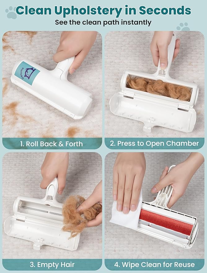 DELOMO Pet Hair Remover Roller: Reusable Lint Roller with Large Fur Bin - Portable Cat and Dog Hair Remover for Couch, Bedding, Car, Rugs & Furniture, Effective and Eco-Friendly, for Multi-Pet Homes