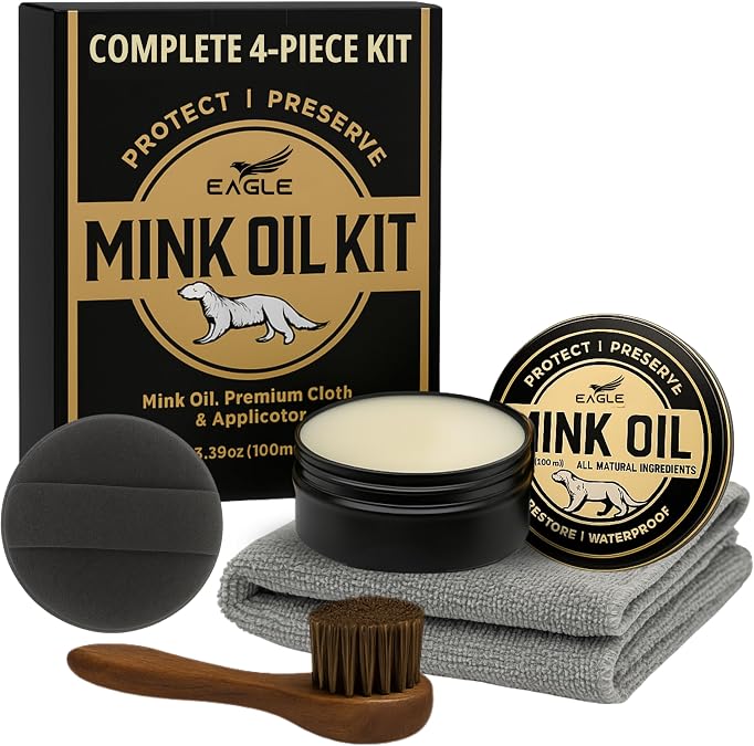 4-in-1 Mink Oil Leather Conditioner Kit – 3.52oz Waterproof Paste with Horsehair Brush, Sponge & Microfiber Cloth – Leat
