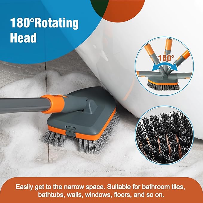 CLEANHOME Floor Scrub Brush Tile Tub Scrubber Brush with 4 Different Cleaning Heads, Shower Brush with 56” Extendable Long Handle, Scrubbers for Cleaning Kitchen, Bathroom, Tub, Tile, Wall