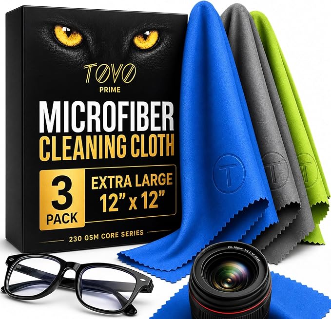 Extra Large Microfiber Cleaning Cloth – 3 Pack, 12"x12", 230 GSM Thick Lens Cleaner for Glasses, Camera & Screens, Ultra Soft, Streak-Free, Lint-Free, Scratch-Safe (Core Series)