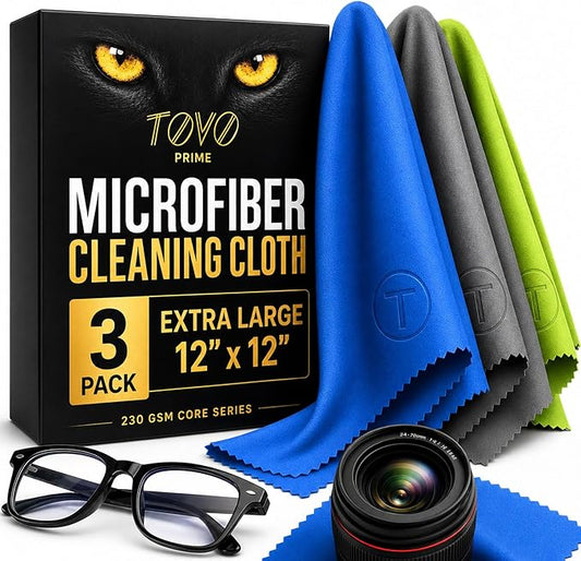 Extra Large Microfiber Cleaning Cloth – 3 Pack, 12"x12", 230 GSM Thick Lens Cleaner for Glasses, Camera & Screens, Ultra Soft, Streak-Free, Lint-Free, Scratch-Safe (Core Series)