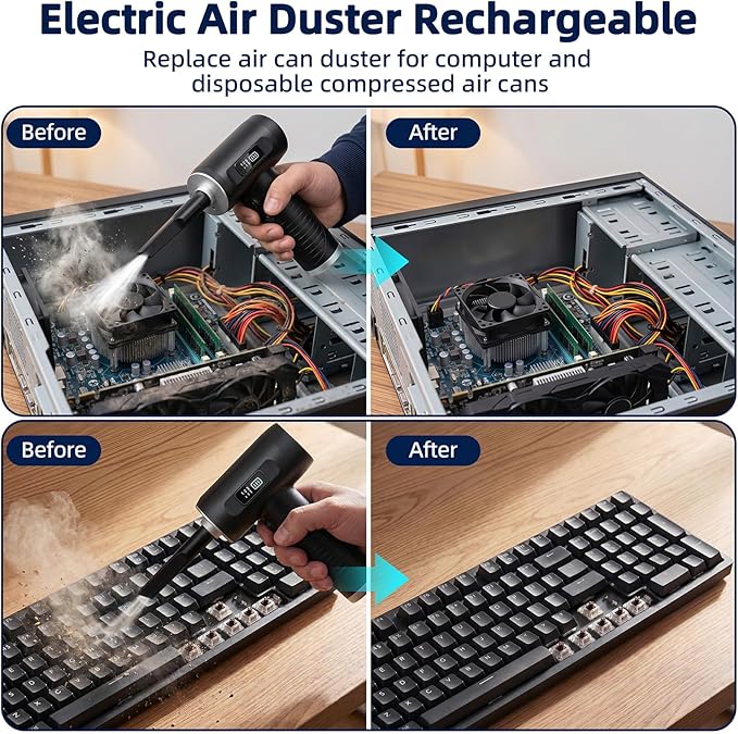 Compressed Air Duster, 100000RPM Super Power Electric Air Duster with LED Light, 3-Gear Adjustable Rechargeable Cordless Air Blower for Keyboard Car House Electric Devices Cleaning Outdoor