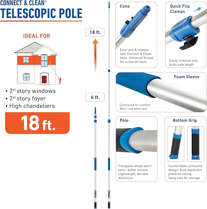 Unger Professional Connect & Clean 6 - 18 Foot Telescoping Extension Multi-Purpose Pole with Quick-Flip Clamp, Window Cleaning, Dusting, Silver