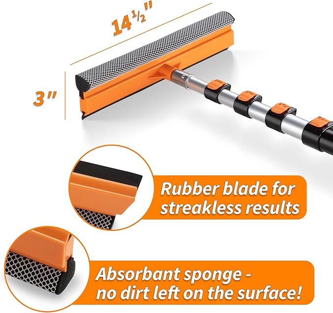 5-18 ft Window Washer Squeegee Kit with Extension Pole (24+ Foot Reach) // Long Handle Squeegee for Window Cleaning & Car Cleaning Multi-Use//Telescopic Professional Window Cleaning Squeegee for Home
