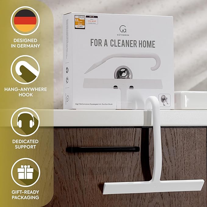 GÜTEWERK Shower Squeegee for Glass Doors – Bathroom Squeegee for Shower Glass & Tile Walls, Streak-Free & No-Squeak Silicone Blade, Stainless Steel Core, Hang Hook + Suction Cup, White, 10 Inch