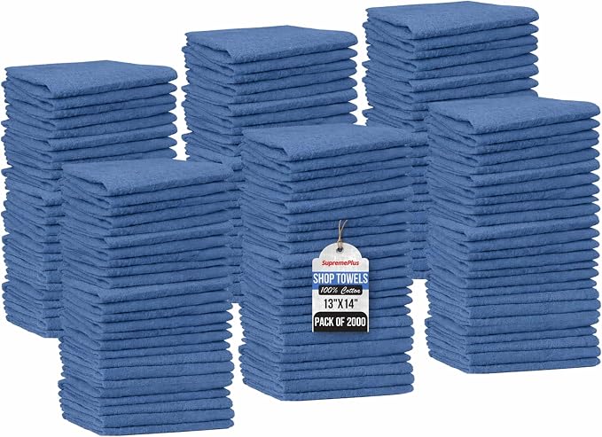 Premium Blue Shop Towels, 100% Cotton, 2000 Pack, 13”x14”, Lint Free Shop Rags Bulk, Commercial-Grade Multipurpose & Reu