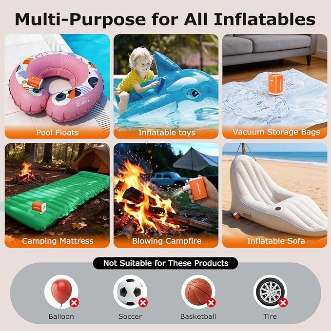 Mini Portable Electric Air Pump for Inflatables, Air Mattress Pump Rechargeable Fast Inflate/Deflate Pool Floats/Sleeping Pad/Camping Gear/Travel & Home Storage Vacuum Bags