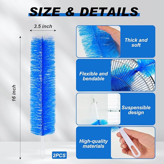 Sliner 2 Pcs Fan Cleaning Brush Bendable Fan Duster Cleaner Reusable Cobweb Duster Microfiber Head Dirt Remover for Ceiling Fans Blades, Air Vents, Curtains, Cars, Shutters (Blue)