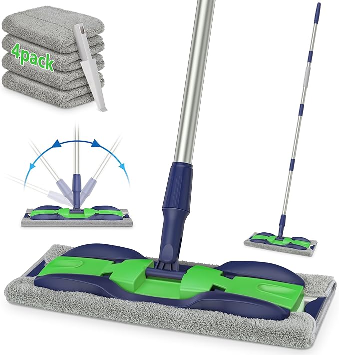 Microfiber Mops for Hardwood Floor Cleaning: MEXERRIS Flat Floor Mop with 4 Washable Pads 59" Adjustable Handle - Dust Dry Mops for Kitchen Bathroom Tile Laminate Wood Vinyl - Home Commercial Mop