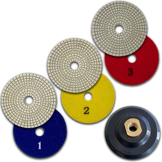 4" Stone 3-Step Diamond Polishing Pads with Rubber Backer, 4PCS Set