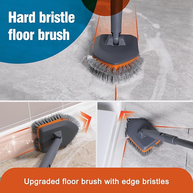 CLEANHOME Tub Tile Scrubber Brush with 3 Different Function Cleaning Pads and 56" Extendable Long Handle-No Scratch for Cleaning Bathroom Kitchen Toilet Wall Sink,Orange