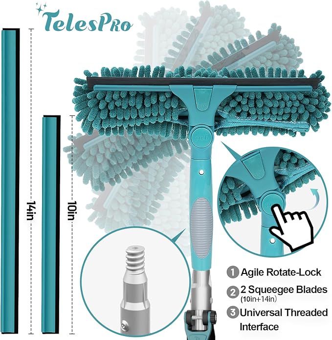 TelesPro 30 Feet High Reach Window Squeegee with 6-24 Ft Extension Pole, Window Cleaner Tool with 5-Stage Telescoping Pole, Window Cleaning Kit with Rotatable Head (2 Squeegee & 2 Microfibre Cloths)